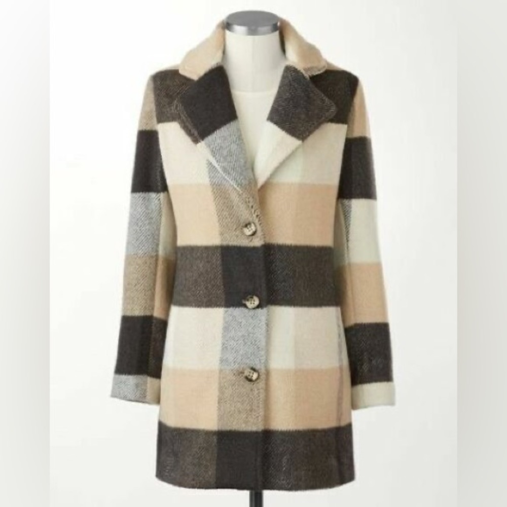 COLDWATER CREEK Women's Multicolor Plaid Collared Pea Coat Size Medium